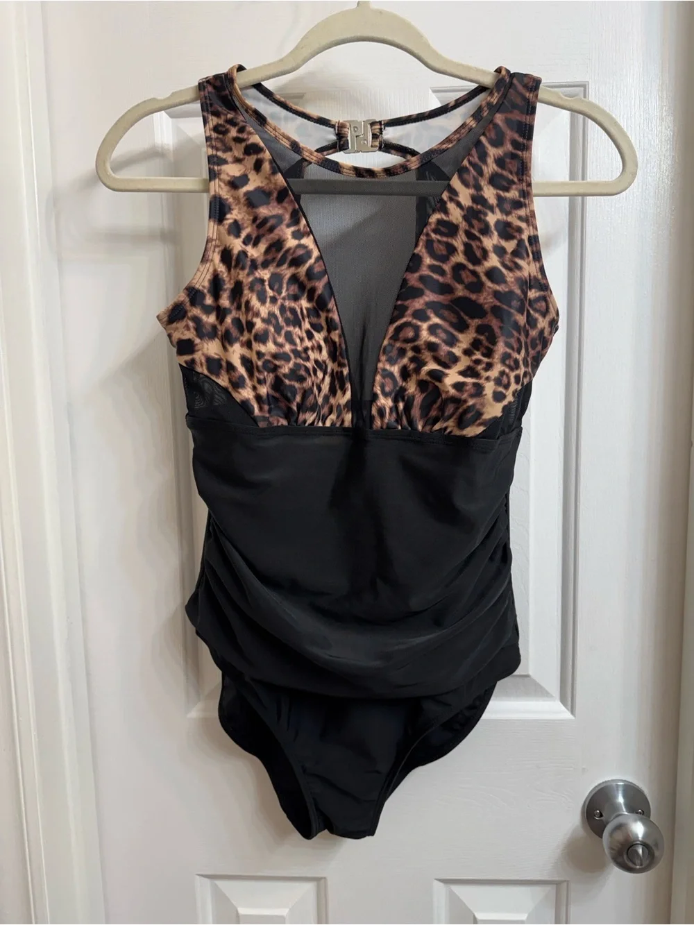 Leopard & Black Women’s One-Piece Swimsuit with Ruching, NEW